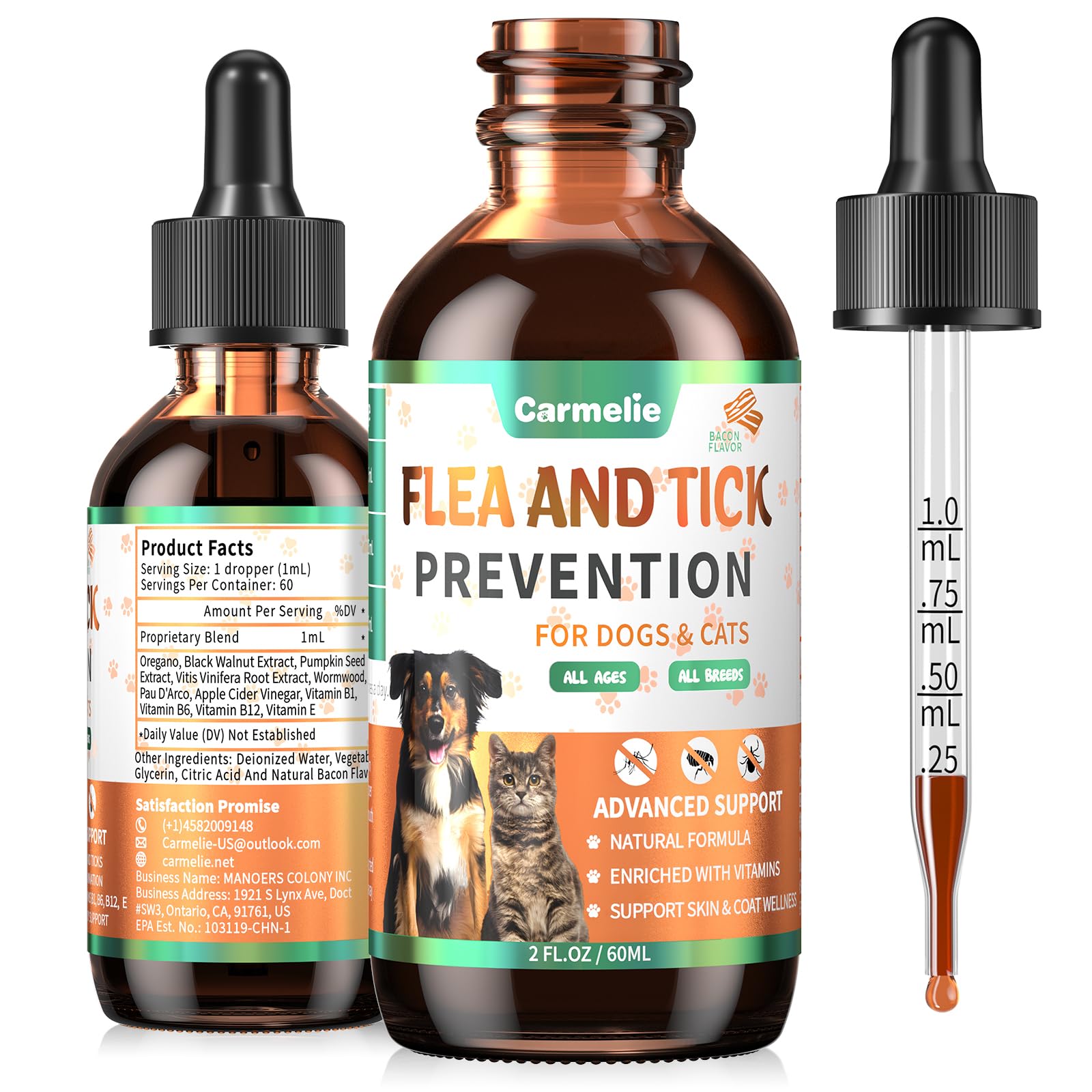 Natural Skin & Coat Liquid Supplement for Dogs & Cats with Vitamins & Natural Extracts - Bacon Flavour