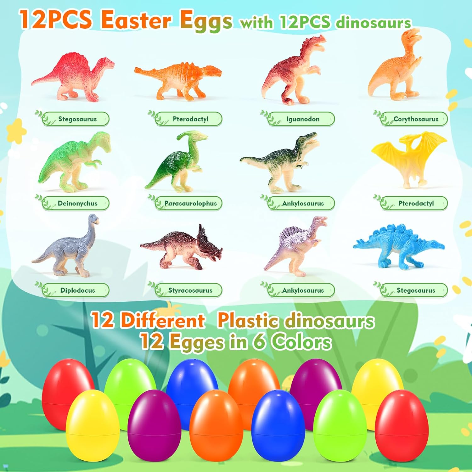 12 PCS Prefilled Easter Eggs with Dinosaur Toys, Filled Easter Basket Stuffers Gifts for 3-8 Year Old Kids Toddlers, Easter Egg Fillers Party Favors Classroom Prize Supplies