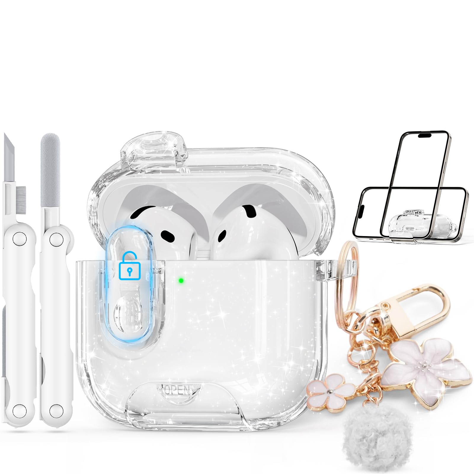 Skyconser with Safety Lock for Apple AirPods 4 Case 2024,Clear Cases with Phone Stand & Cleaning Kit,Soft TPU Cover for AirPods 4th Generation Case,