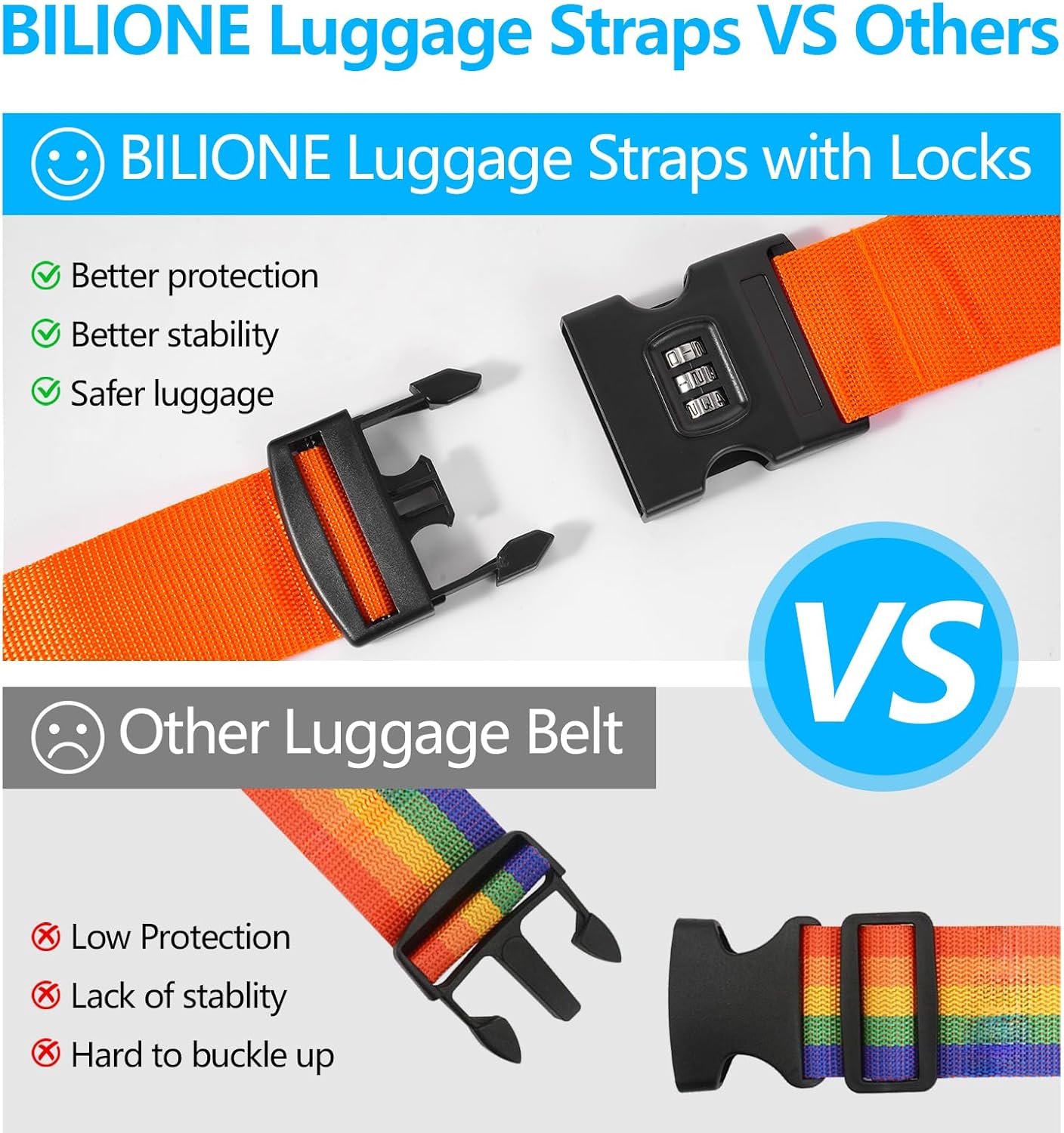 BILIONE 4 Pack Luggage Straps for Suitcases with Password Lock & Metal Tags, Adjustable Suitcase Belt & Travel Belt, Secure & Identify Luggage Connector Straps to Connect Two Bags 20-34 Inch (Blue)