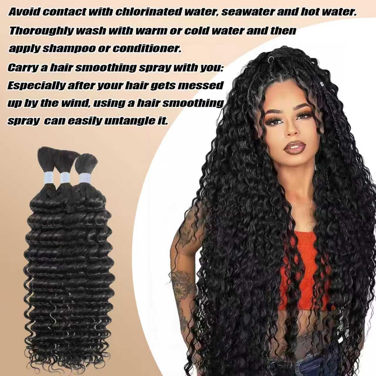 Human Braiding Hair 12A Deep Water Wave Boho Human Hair for Braiding Curly Bulk human hair for braids 3 Bundles 120g/Pack human bulk hair Natural Women Color 1B Black（18inch）