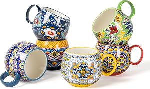 Porcelain Coffee Mugs 20 Ounce - Multicolor Cups for Latte, Hot Tea, Cappuccino, Cocoa, Soup, Dishwasher, Microwave Safe, Christmas Gift Set of 6 - Bohemian Style