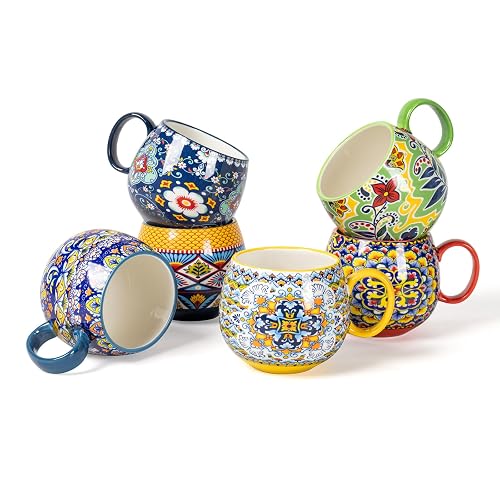 HENXFEN LEAD Large Boho Ceramic Coffee Mugs Set of 6,