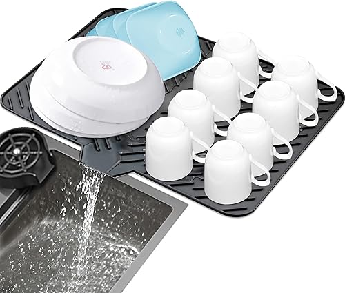 Miniatura 1 de Luxet Alfombrilla de silicona para secar platos con borde de drenaje integrado, almohadilla de secado higiénica, bandeja resistente compacta y fácil