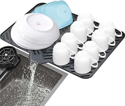 Silicone Dish Drying Mat with Built-in Drain Lip - Hygienic Drying Pad - Sturdy Compact Easy to Clean Tray Protects Surfaces Prevents Water Build Up - 23 X 17 Black