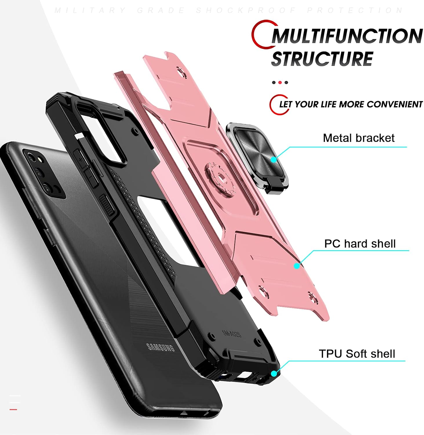LeYi Compatible with Samsung Galaxy A02S Case, Galaxy A02S Case with Tempered Glass Screen Protector [2Pcs], Shockproof [Military-Grade] Phone Case with Ring Kickstand for Samsung A02S, Rose Gold