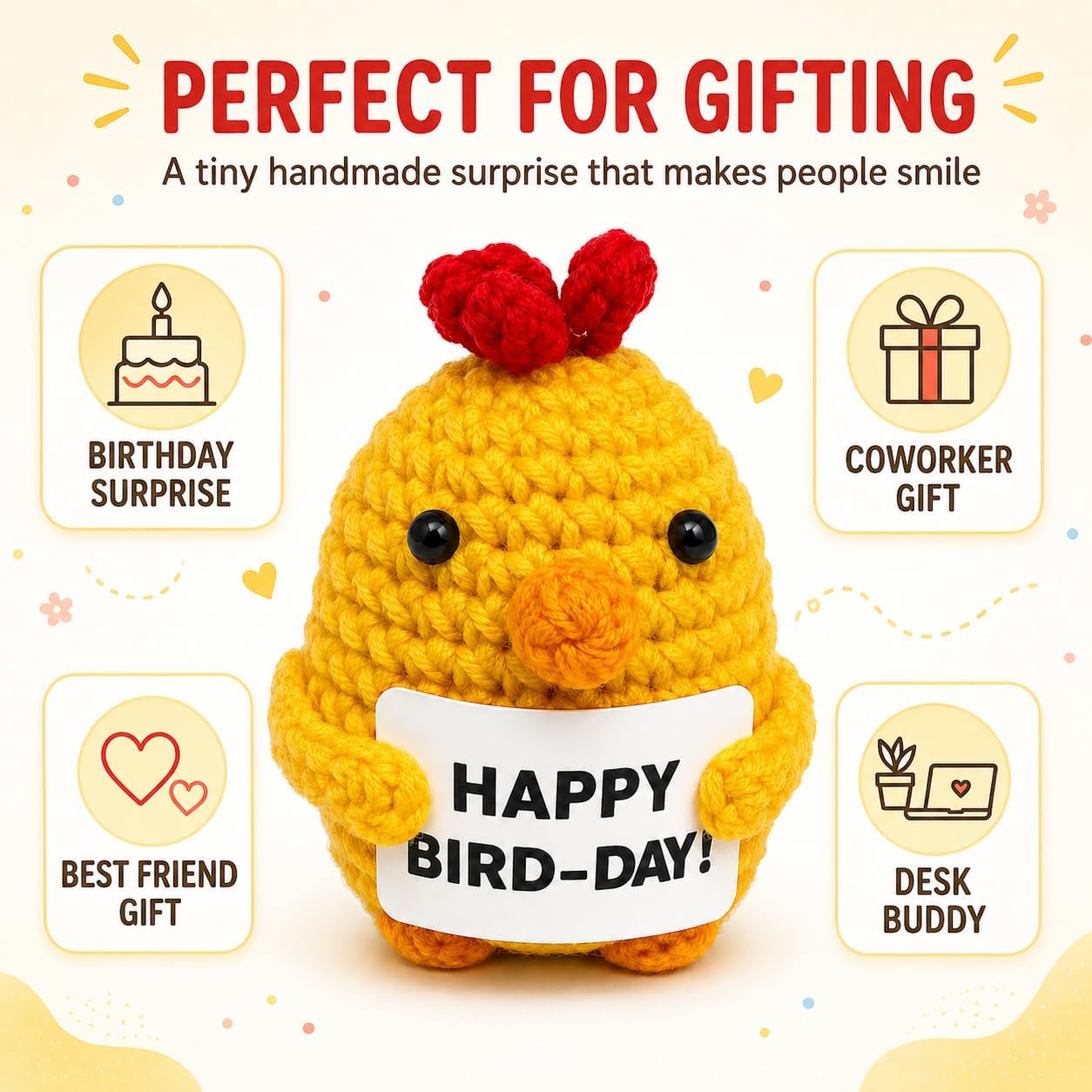 Positive Chicken Crochet with Card - Happy Bird-Day - Handmade Amigurumi Chick, Birthday Gift for Family, Friends, Bird Lovers