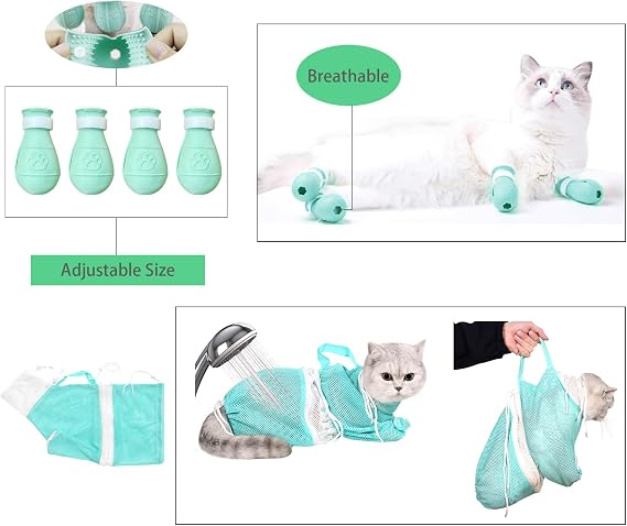 Anti-Scratch Silicone cat Shoes,Cat Claw Covers,Adjustable Multifunctional Anti-Bite Shower net Bag,Cat Grooming Mesh Bag,Cat Bathing Bag (Green-1)