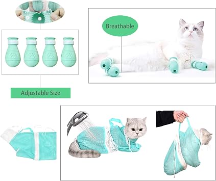 Anti-Scratch Silicone cat Shoes,Cat Claw Covers,Adjustable Multifunctional Anti-Bite Shower net Bag,Cat Grooming Mesh Bag,Cat Bathing Bag (Green-1)