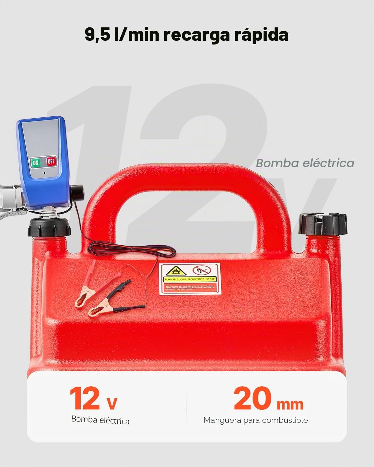 VEVOR Tanque de Combustible de 60,56 L con Bomba de Transferencia de Combustible Eléctrica de 2,5 GPM, Manguera de 1,2 m, Boquilla con Sensor de Parada Automática, para Gasolina y Diésel, Rojo