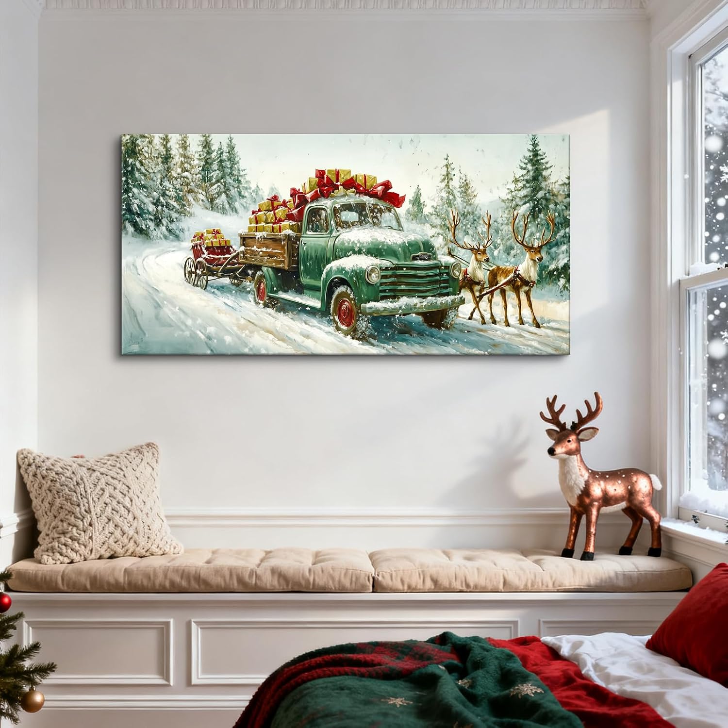 Craftline Vintage Farmhouse Christmas Green Truck Canvas Wall Art Rustic Winter Snowy Pine Tree Forest Landscape Pictures Elk Sleigh Decor Car Carry XmasTree Gifts Holiday Poster Prints 32x16”