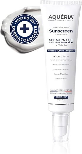 Aqueria Brightening & Moisturizing Multi-Active French Sunscreen SPF 50 PA++++ | In-Vivo/In-Vitro Tested | 5% Niacinamide,...