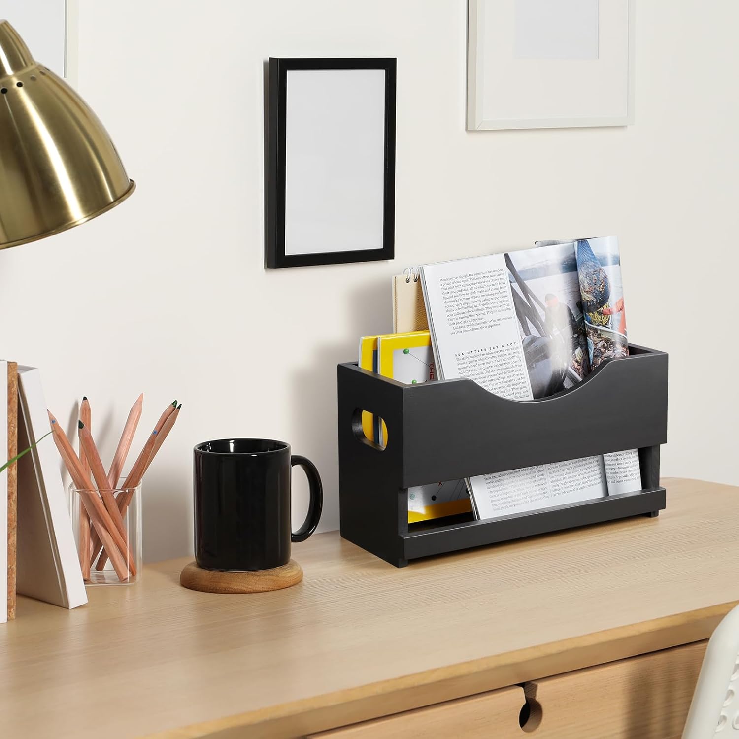 DRASTAR Magazine Rack, Wood Magazine Basket, Magazine Holder for Floor Countertop, Magazine File Newspaper Storage Rack, Magazine Rack for Home Office Bathroom Decor, Black