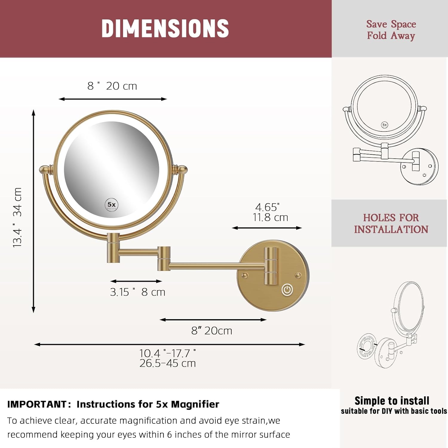 Upgraded Wall Mounted Makeup Mirror with Lights, 8" Double Sided 1/5X Magnifying Vanity Mirror for Bathroom, 3 Color 1800Lux Ultra-Bright, Touch Dimmable, Hardwired, Brushed Moderne Brass