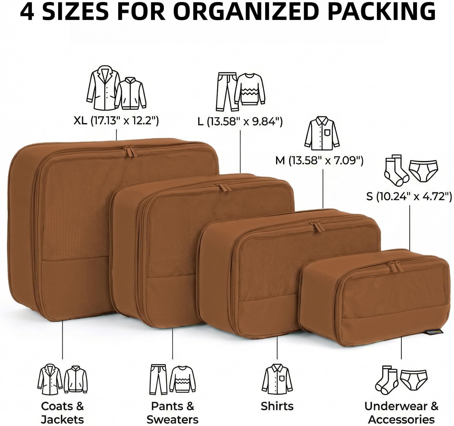 4 Piece Compression Packing Cubes for 3–7 Day Travel, Lightweight Travel Organizers with Breathable Mesh, Double-Zipper Packing Cubes for Carry-On & Suitcases (Light Brown) - Image 3
