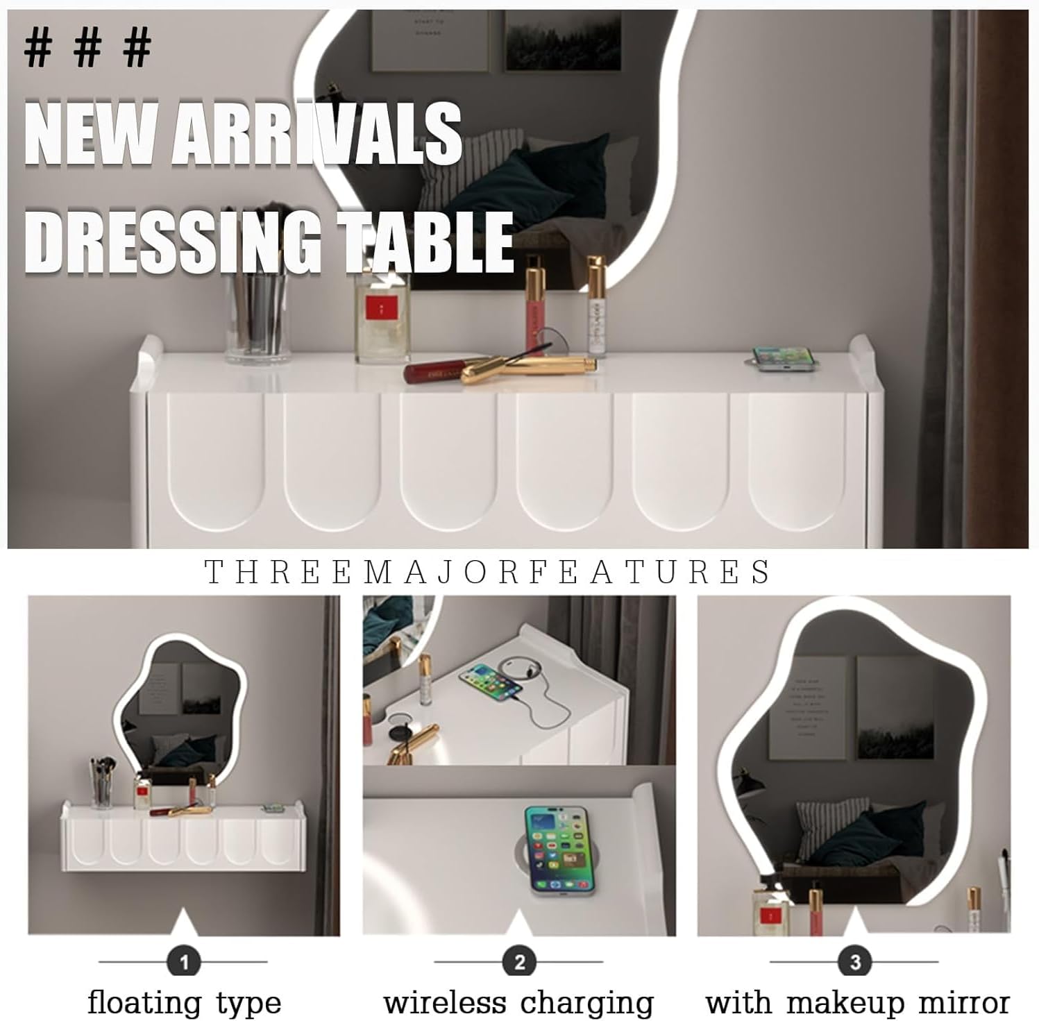 Simple Wall-Mounted Floating Vanity Makeup Table with Drawers, Corner Desk for Small Spaces, White Dressing Table with Mirror