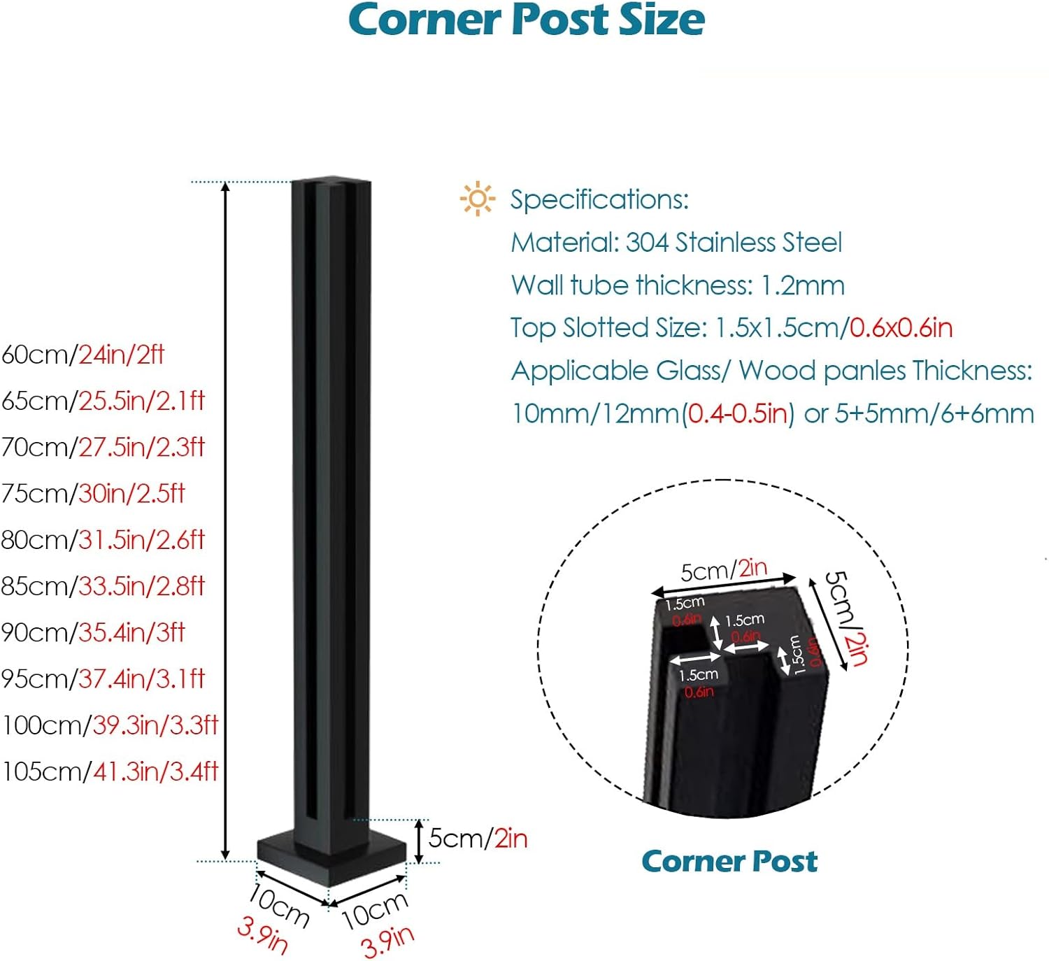 Black Stainless Steel Square Glass Balustrade Post, 60CM Mid Column with Railing Clamps for Stair & Deck, Durable Glass Railing Support, Modern Design