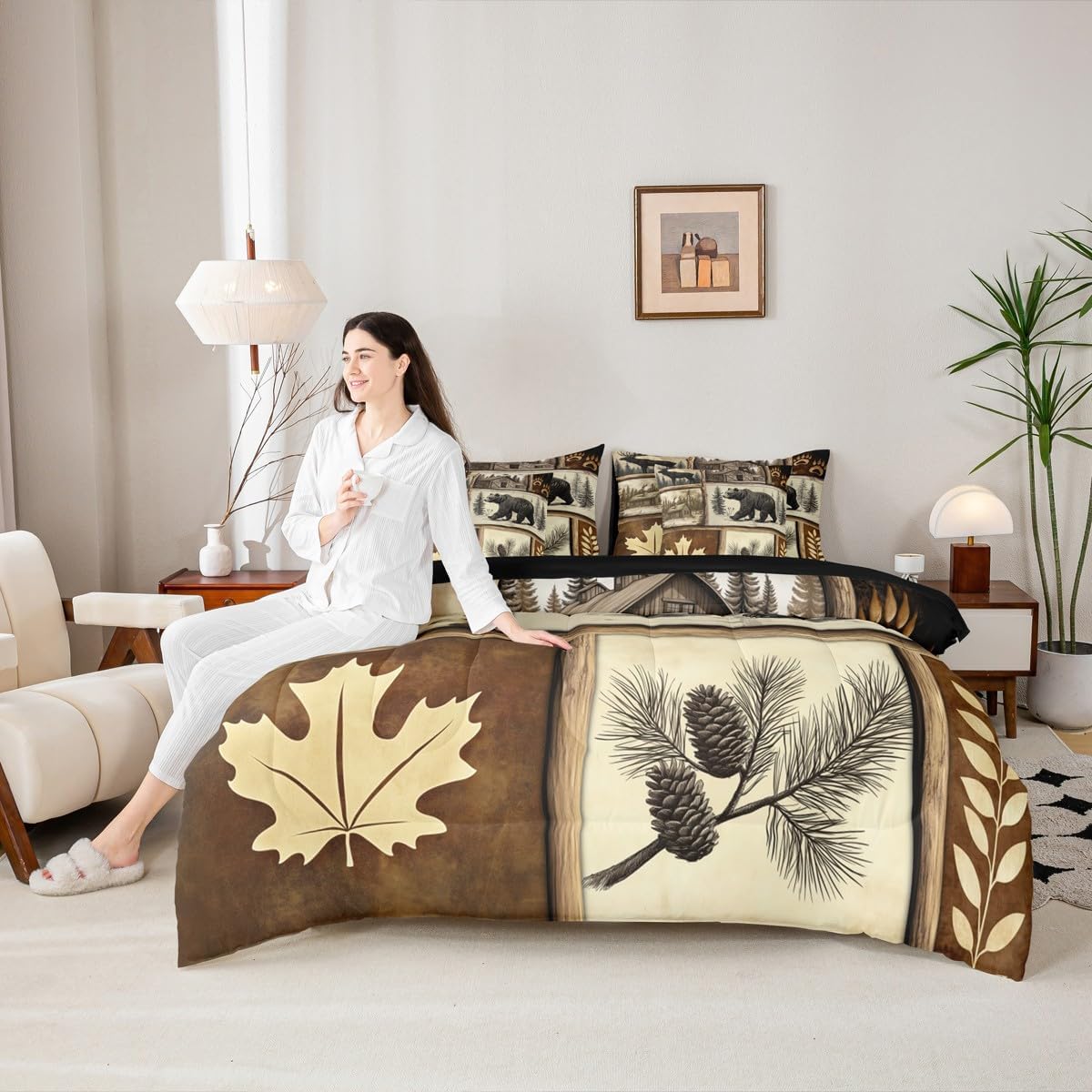 Erosebridal Hunting Bear Deer Bedding Set (King Size,7 Pieces) | Rustic Cabin Lodge Comforter Set with Sheets Country Patchwork Plaid Bed in A Bag Rural Maple Bear Paw Print Quilt Duvet Insert