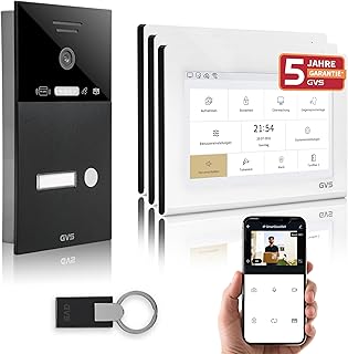 GVS - IP Video Türsprechanlage mit Türöffner, RFID Zugang, HD Kamera, 3X 7 Zoll Monitor & App - Smarte Video Türklingel mit Kamera & Gegensprechanlage für 1 Familienhaus (AVS4464U)