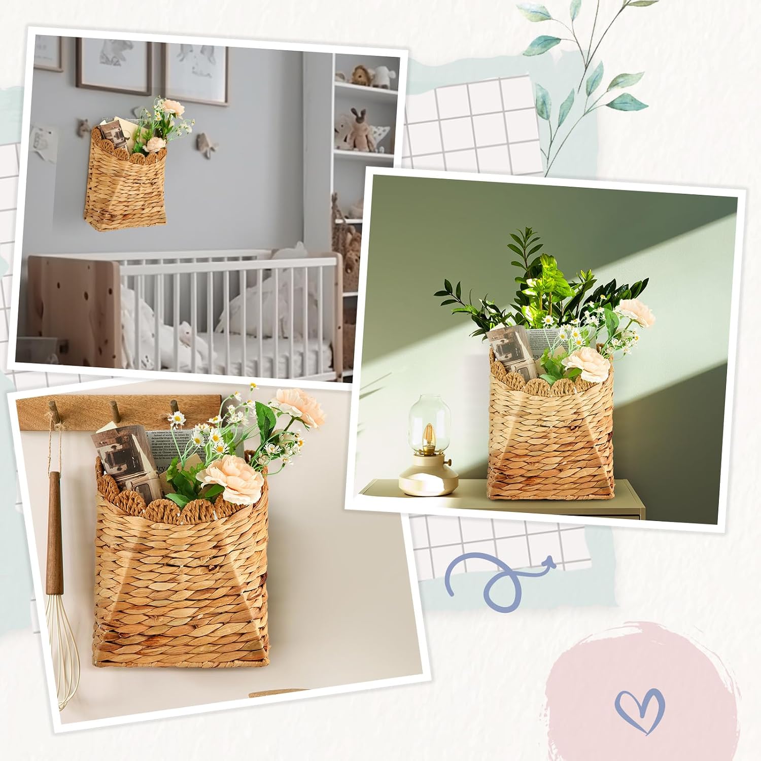 Honeydak Scalloped Hanging Wall Basket 10.2"H, Water Hyacinth Woven Wicker image 2