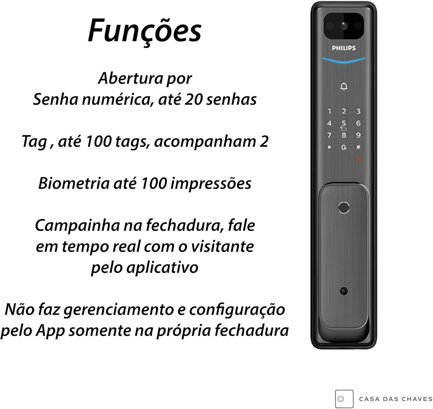 Image showing the Philips Alpha Easy Key 5HB Digital Lock with a list of its functions: numeric password, tag, biometrics, and doorbell.