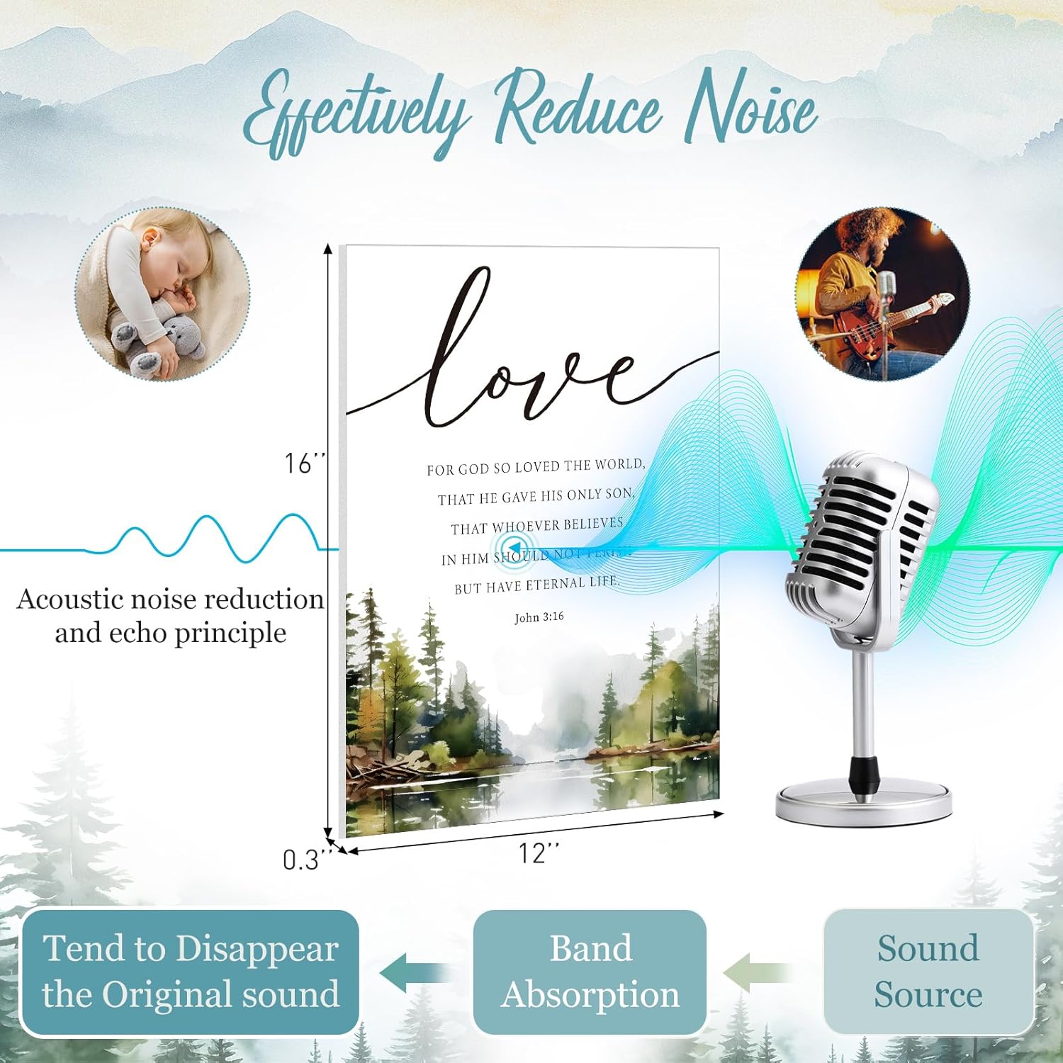 Sacubee 6 Pack Acoustic Christian Art Panels 12" x 16" Faith Hope Love Soundproof Wall Panels Self Adhesive Bible Verse Decor Religious Sound Absorbing Treatment for Home(Mountain)