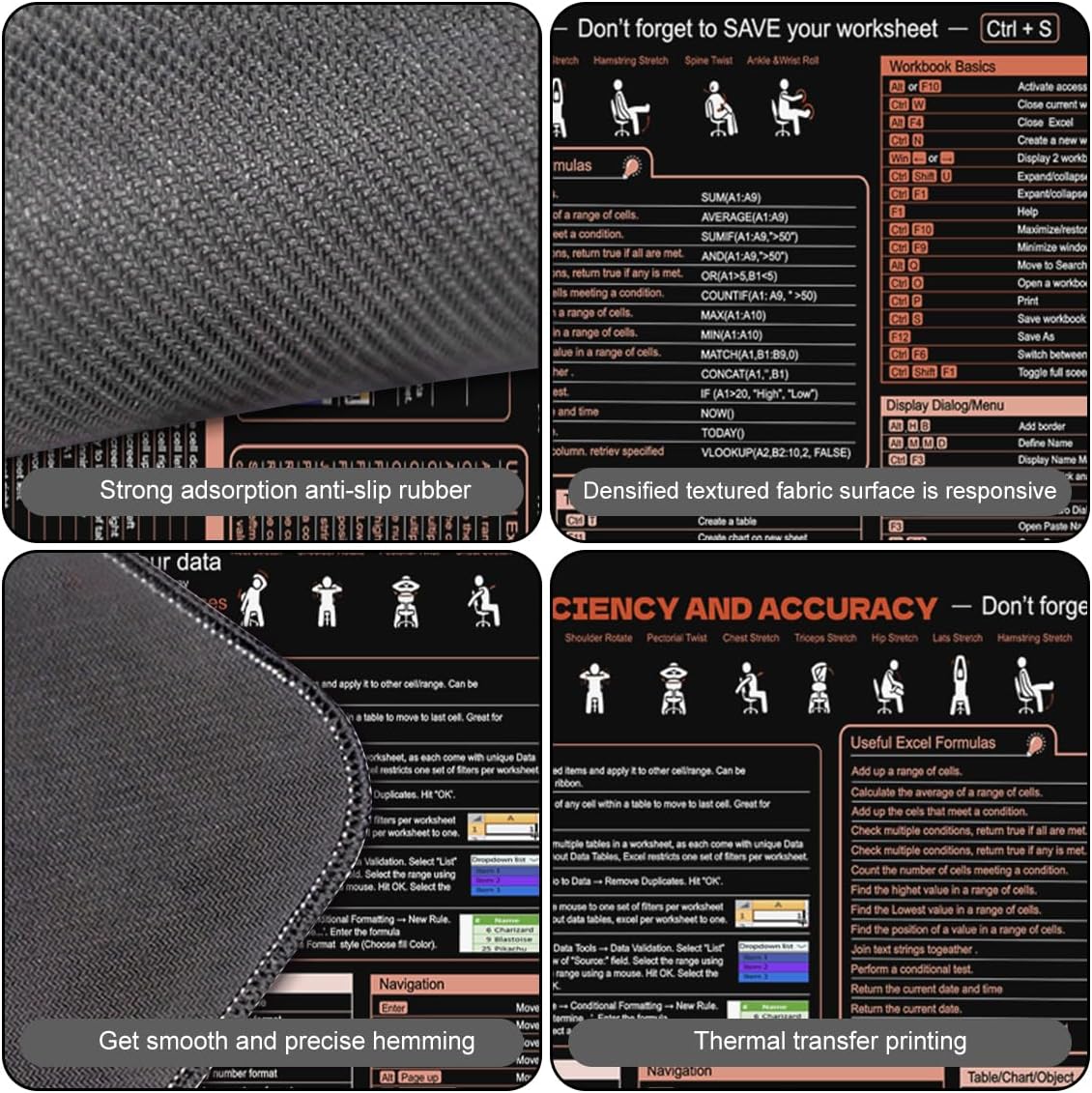 XL Large Mouse Pad Desk Mat with Orange Excel Shortcuts Cheat Sheet image 5