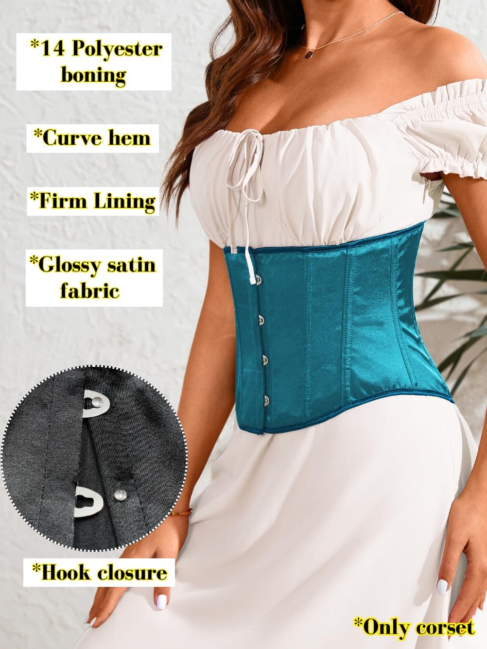 Kaei&Shi Women Cute Satin Underbust Corset Belt,Goth Lace Up 14 Soft Boned Waist Cincher Fit 0-14