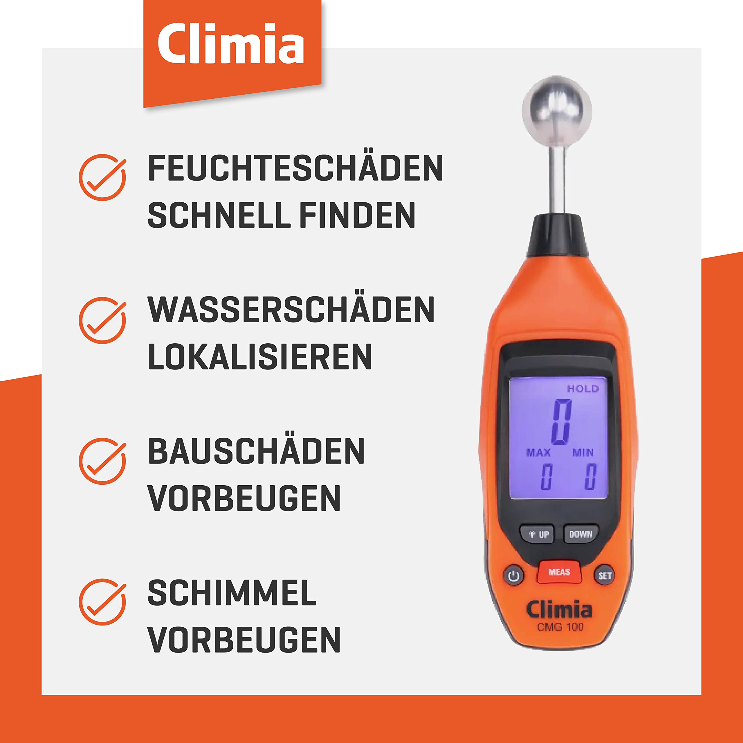 Climia CMG100 - Medidor de humedad para pared, 5-40 mm de profundidad de análisis, medidor de humedad con hasta 50 horas de duración de la batería, fácil de usar, pantalla LED iluminada