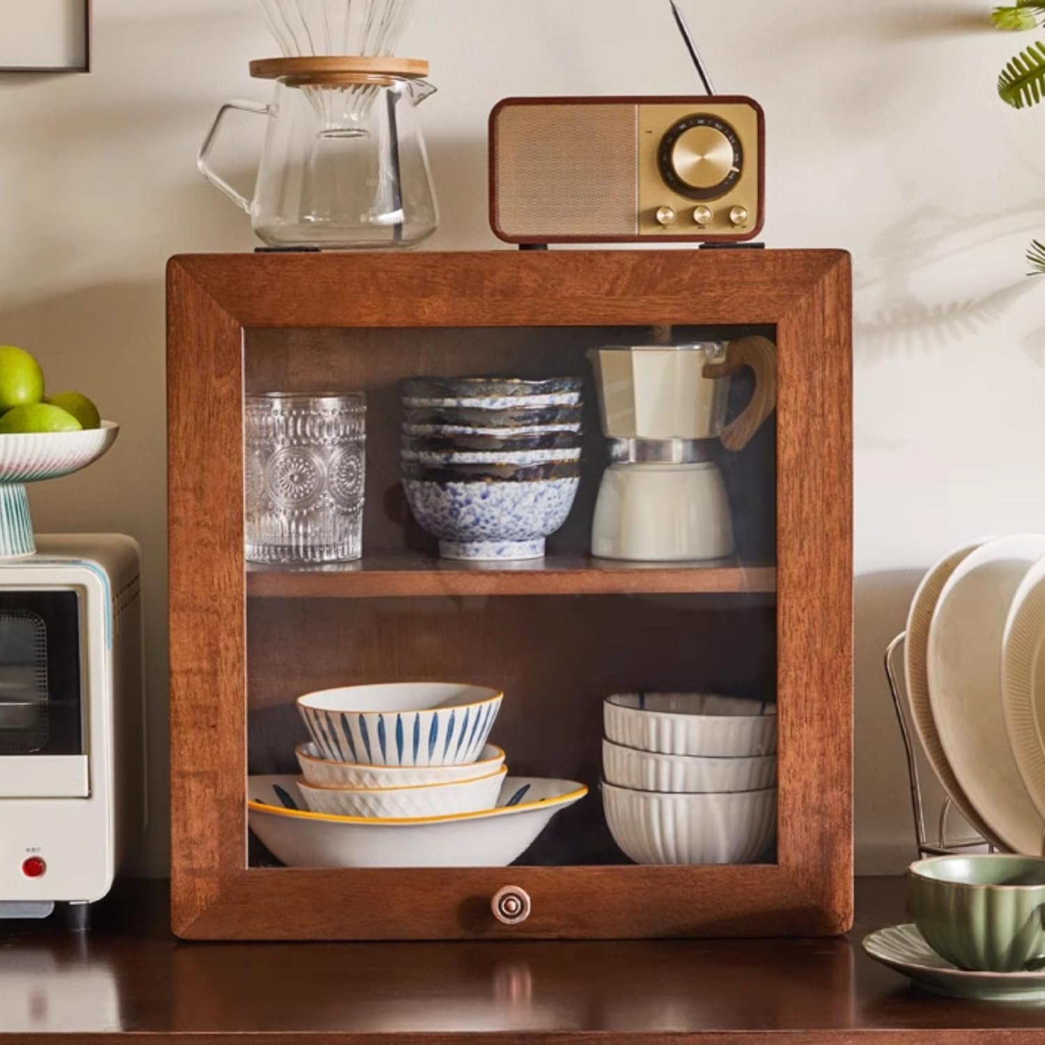 Storage Display Cabinet with Clear Display Doors, Pantry Storage Cupboard, Wooden Bread Box for Kitchen Countertop for Kitchen, Living Room, Bedroom, Bathroom,Walnut,15.7×7.9×15.7in