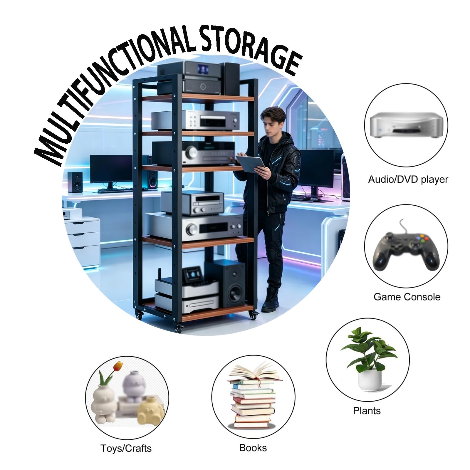 Generico Supporto Rack Audio Mobile, Audio‑Video Con Ruote Universali | Mobiletto Stereo Audio, 5 Ripiani Mobili Per Amplificatori E Giradischi In Home‑theater