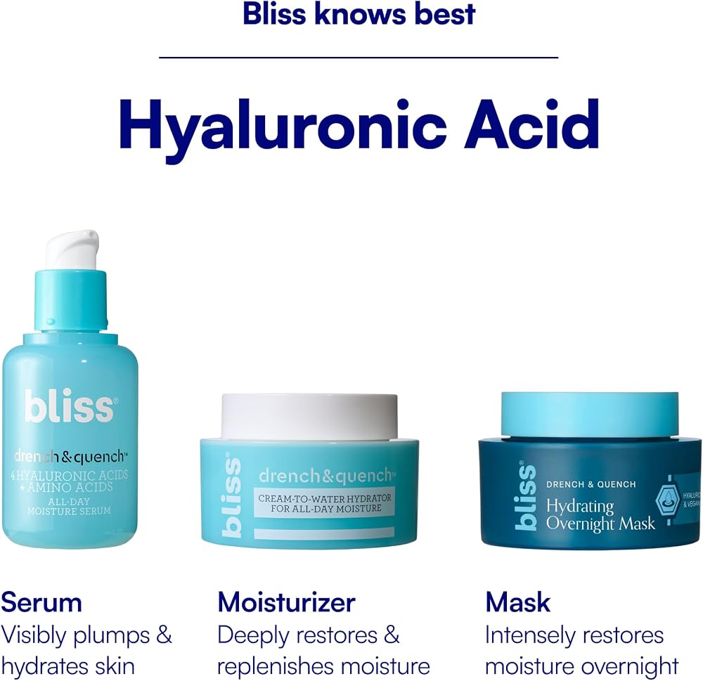 Bliss Drench & Quench Hyaluronic Acid Cream to Water Moisturizer | Lightweight Face Cream with 4 Types of Hyaluronic Acid for All Day Hydration and Plump Skin | Clean Vegan & Cruelty Free 1.7 fl oz