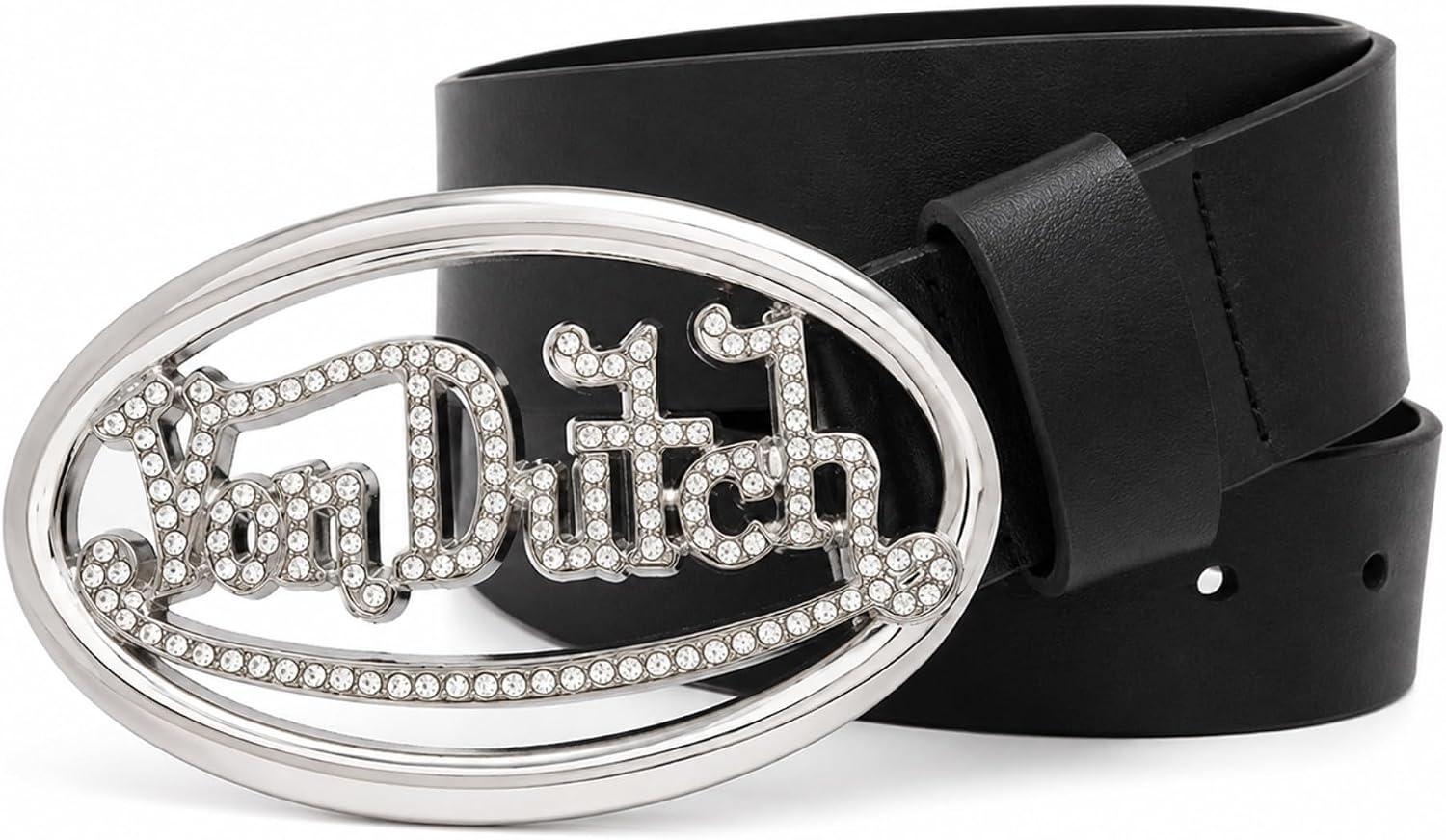 Von Dutch Women's Faux Leather Belt with Rhinestone Cutout Logo Buckle