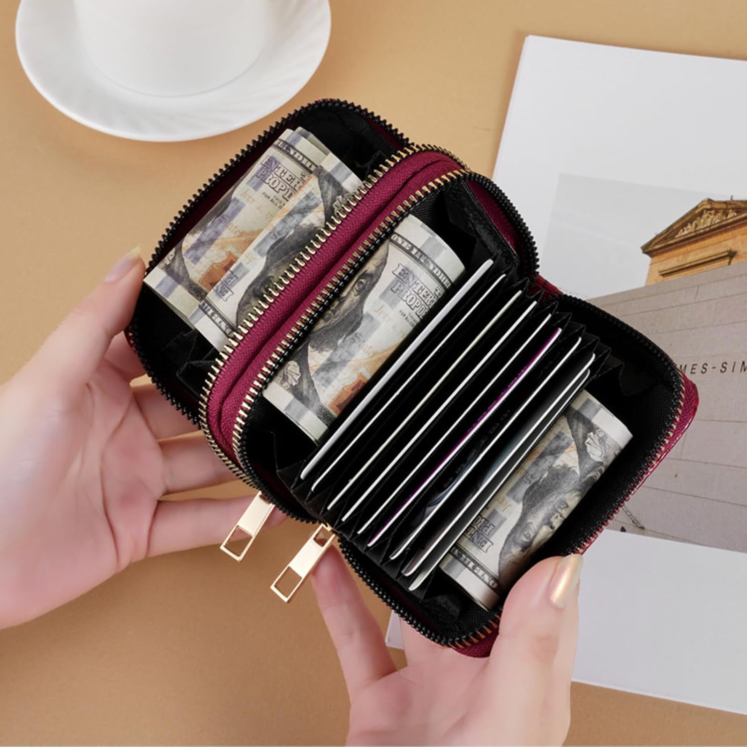 PU Leather Accordion Card Wallet, Double-Layer Zippered Card Holder for Women Men Multi-Slot Large Capacity Card Organizer Compact Travel Wallet with Coin Purse ID Window (Red) - Image 6