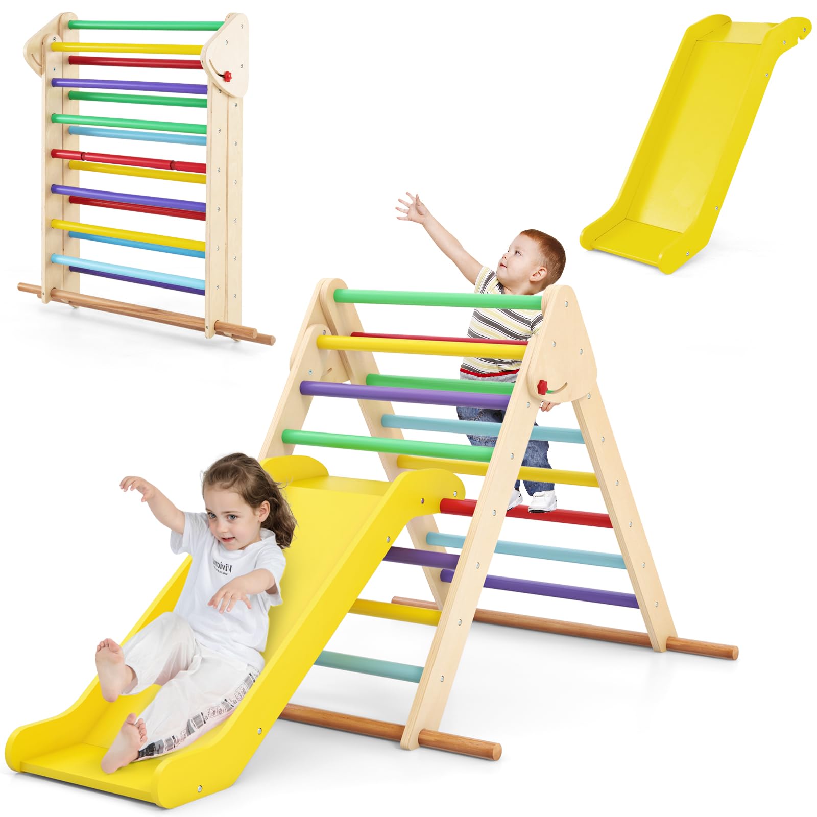 Triangle D'escalade Montessori 3 En 1 Avec Toboggan Et Rampe - Pour Enfants 1 An Et Plus - Bois Naturel, Charge Max 60kg