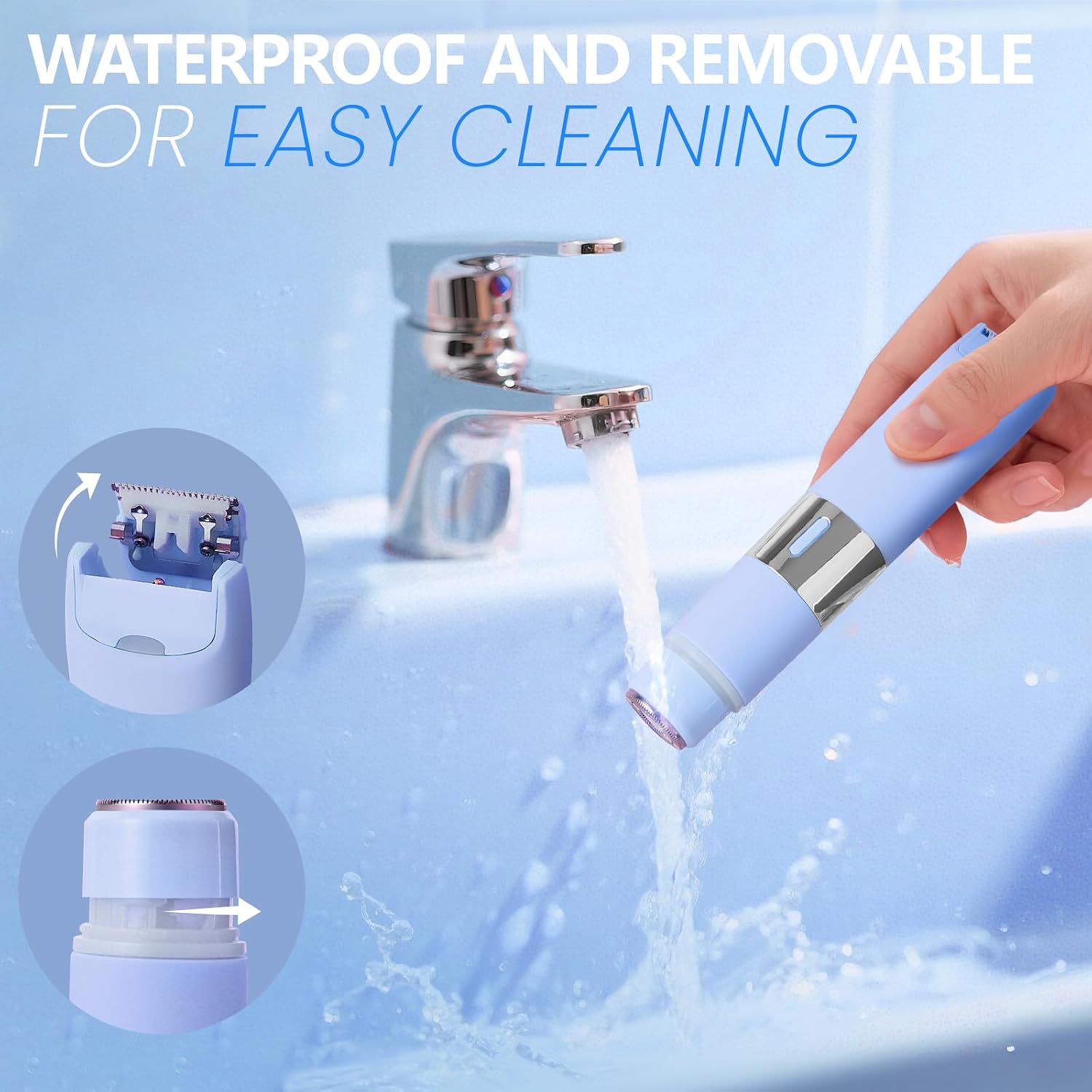 Waterproof electric bikini shaver being rinsed under running water for easy cleaning and maintenance