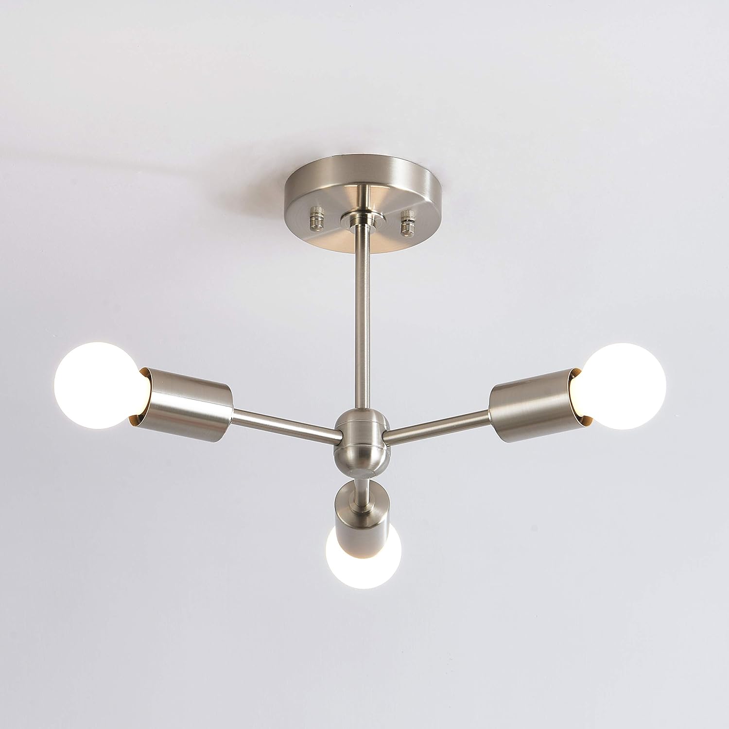 BRIGHTTIA 3-Light Semi-Flush Mount Ceiling Fixture, Brushed Nickel finish, installed on a white ceiling.