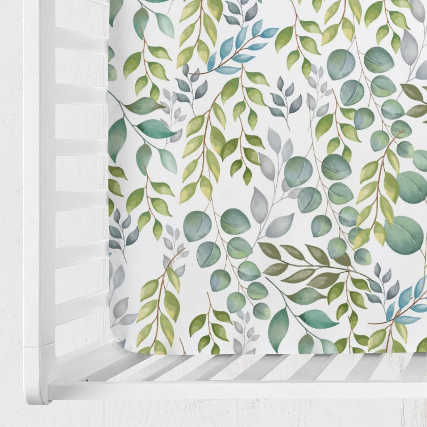 Boho Green Leaves Baby Crib Mattress Sheet 52''x28'' Watercolor Eucalyptus Leaves Snug Fitted Crib Mattress Sheet for Boy Girl Soft Nursery Baby Bed Sheet for Standard Crib and Toddler Mattresses