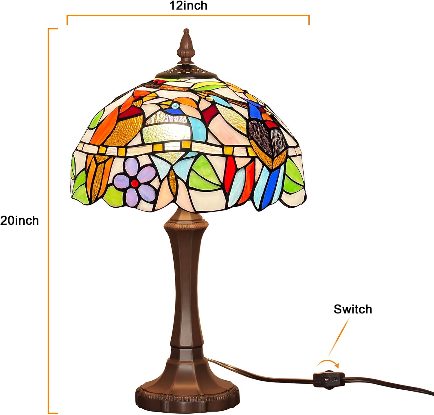 Capulina Tiffany Lamp Stained Glass Table Lamp 12x12x20 Inches Cardinal Birds Tiffany Style Desk Reading Lamp Decor for Home Office Bedroom Living Room