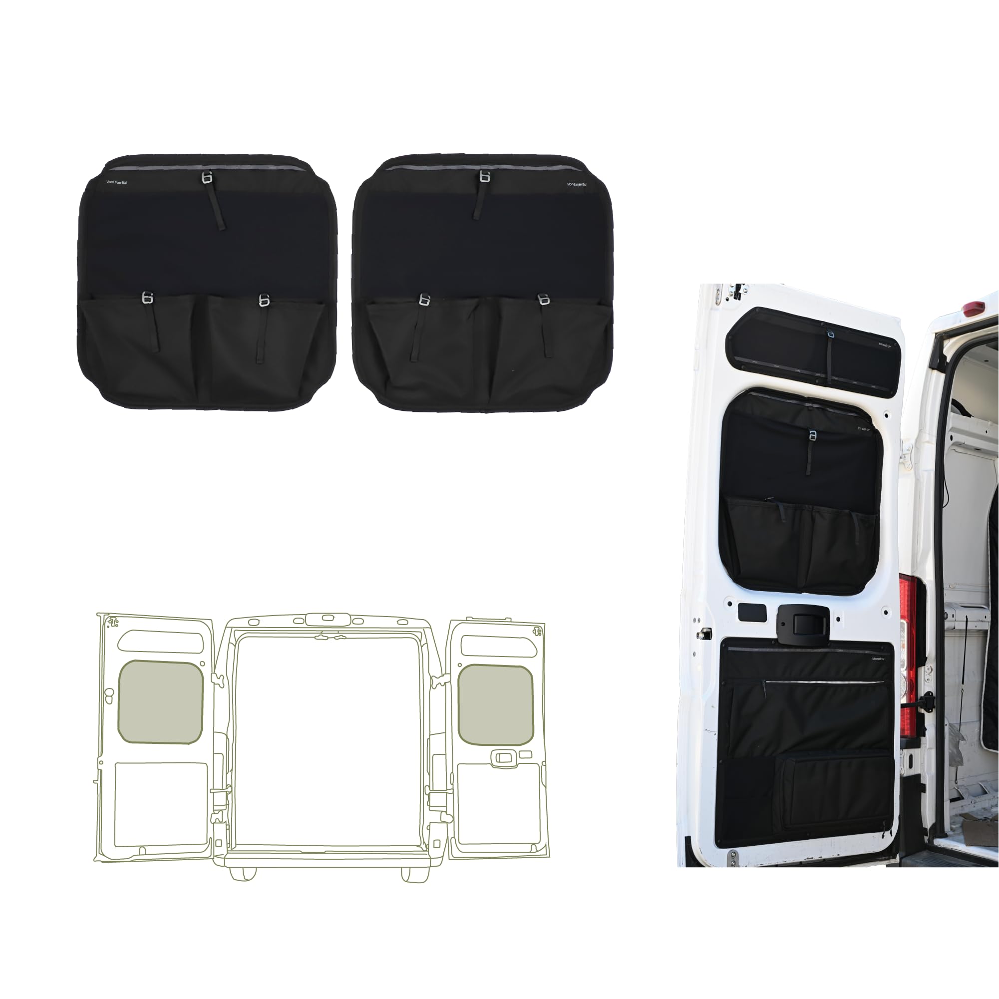 Vanessential Black Rear Door Middle Storage Panels (Pair) Designed For Ram Promaster High Roof (Van Years 2014 To Current Model)