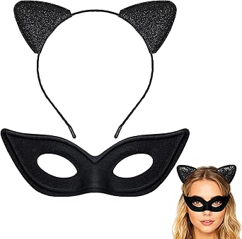 2PCS Black Cat Woman Mask and Ears Headband Glittered Ear Hairband Masquerade Mask Cat Woman Costume Accessories Halloween Coaplay Masquerade Festival Accessorries