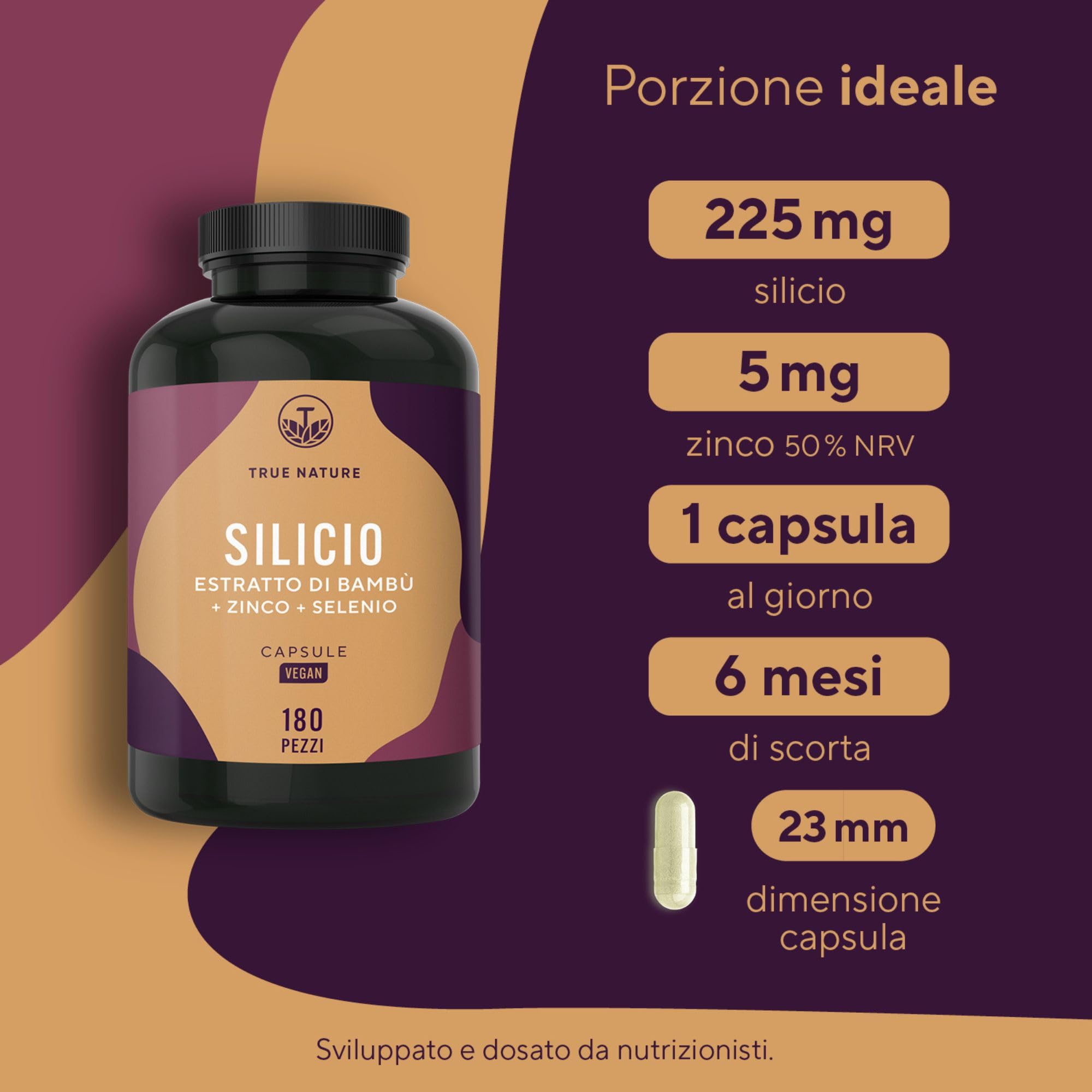Capsule di Silicio - 180 Capsule per 6 Mesi - Alto Dosaggio - Con Zinco & Selenio - Silicio Organico ad Alto Dosaggio da Estratto di Bambù Indiano - 643 mg - Vegano - TRUE NATURE