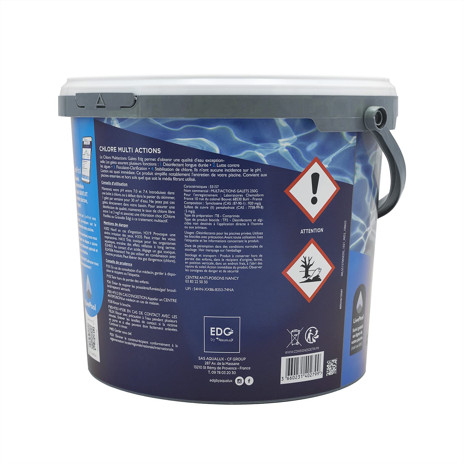 EDG by AQUALUX Chlore MULTIACTIONS Galets 250g - 5kg | Chlore Lent Stabilisé Multiaction - Désinfection Régulière Multifonction - Dissolution Lente + 10 Tests HPS OFFERTS 6 en 1