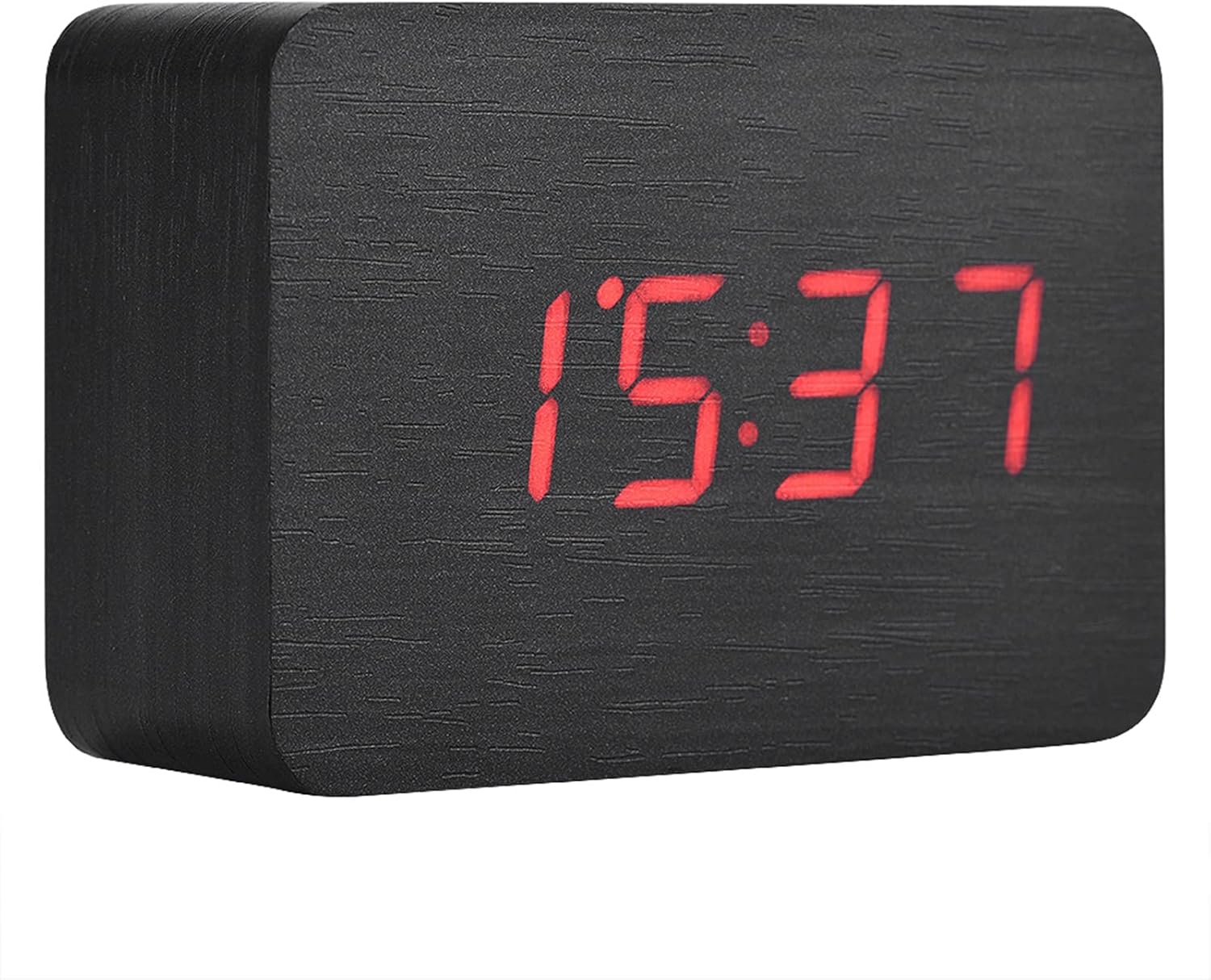 Front view of the Socobeta Digital Wooden Alarm Clock displaying the time 15:37 in red LED digits on a black wooden surface.