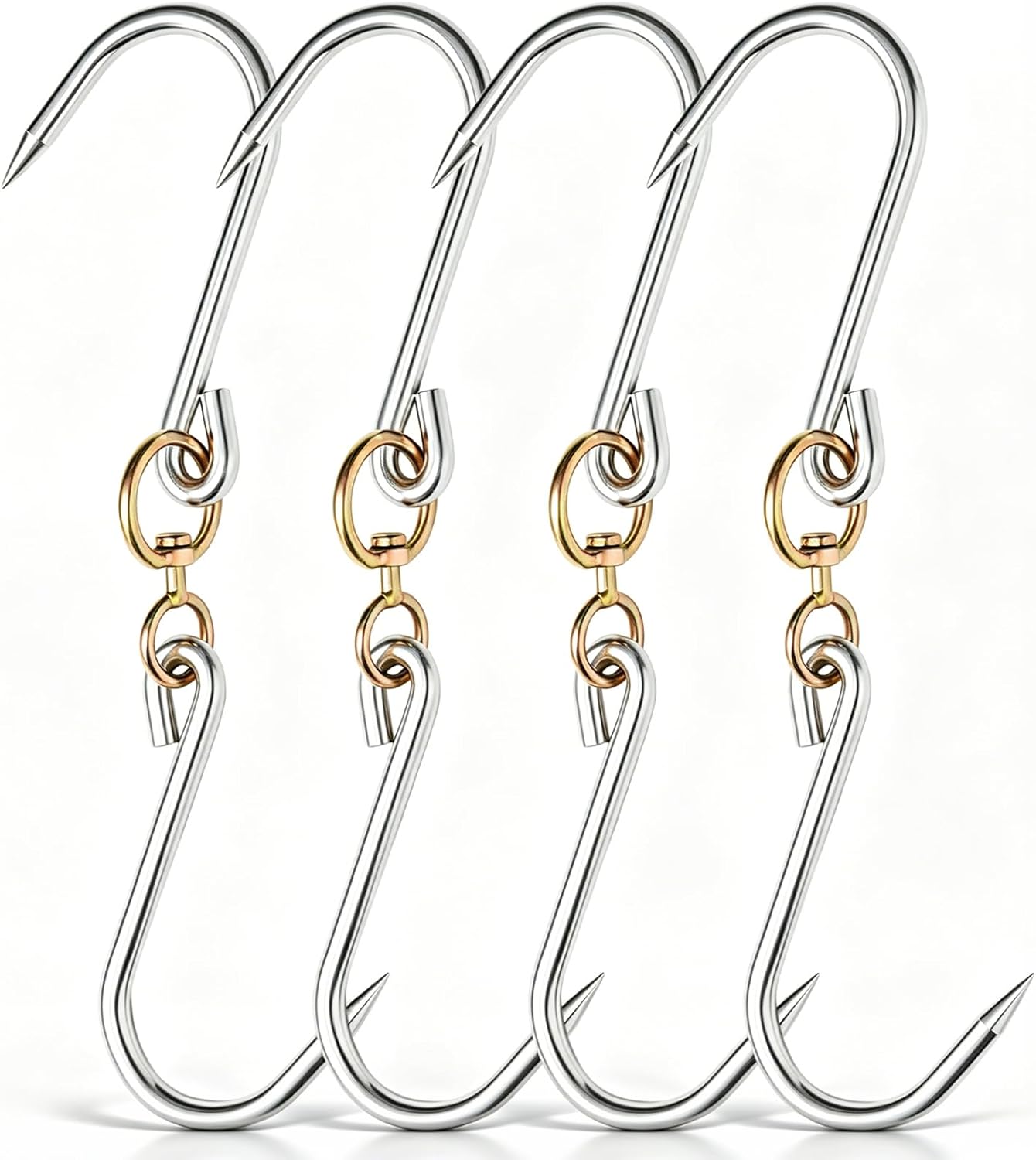 Fumete 4 Pack 13 Inch Swiveling Meat Hooks, 8mm Galvanized Steel | Double Hanger Design, 100 lb Capacity, Heavy Duty Processing Butcher Hook for Large Fish Smoking Hunting Carcass Hanging