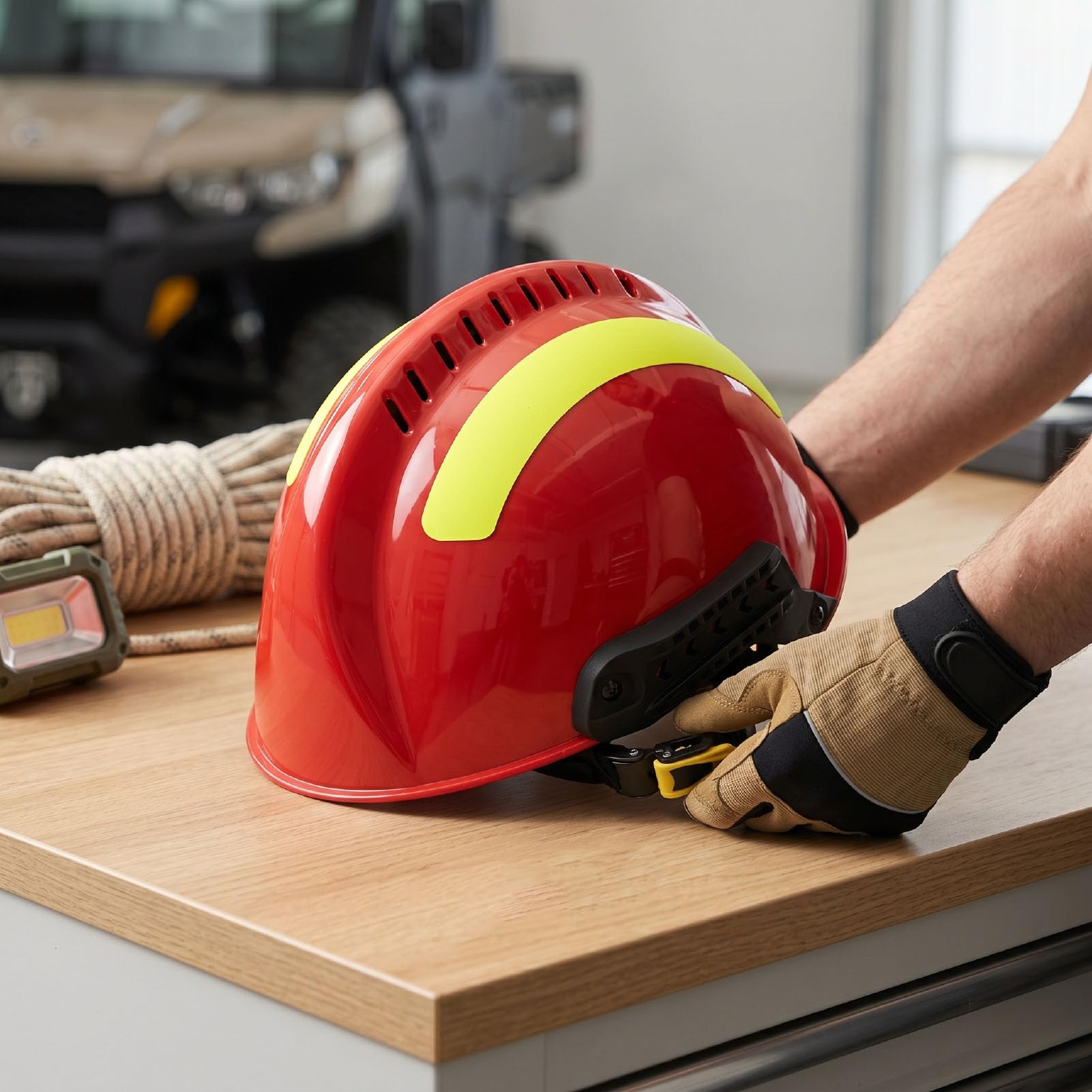 Luocute Casco de Seguridad de Rescate con Faro Desmontable, para Sitio de Construcción, Casco de Emergencia para Bomberos, Resistencia Al Impacto y Al Fuego, Tiras Reflectantes