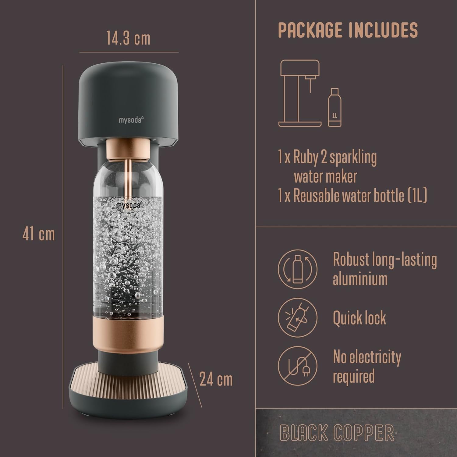 Mysoda Ruby 2 Sparkling Water Maker - Soda Streaming Machine Silent Carbonated Water Machine Robust Long-Lasting Aluminium Soda Maker 1L Water Bottle Without CO2 Cylinder - Black Copper Soda Machine - Image 3