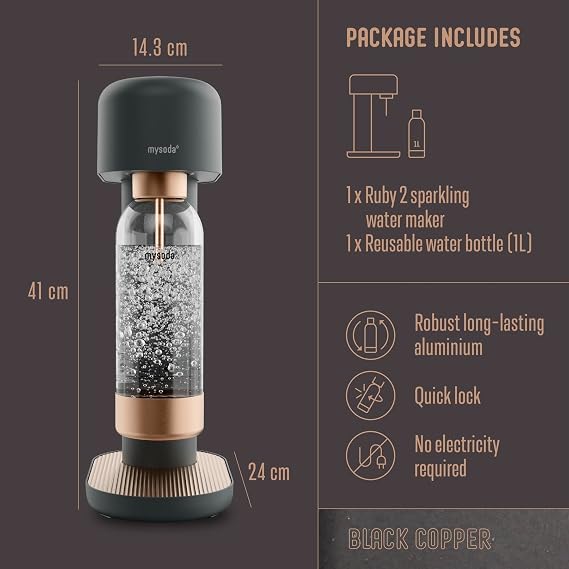 Mysoda Ruby 2 Sparkling Water Maker - Silent and Long-Lasting Aluminium Soda Maker with 1L Water Bottle - Without CO2 Cylinder - Black Copper