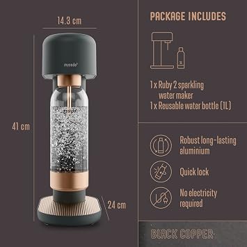 Mysoda Ruby 2 Sparkling Water Maker - Silent and Long-Lasting Aluminium Soda Maker with 1L Water Bottle - Without CO2 Cylinder - Black Copper