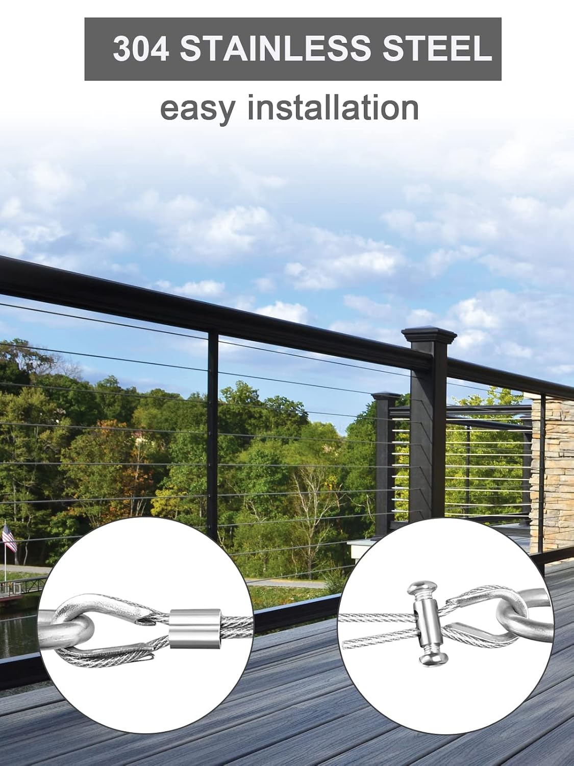 Abimars Wire Rope Kit, 328ft (5/64 inch), 304 Stainless Steel Wire Cable Railing Kits, 7x7 Strands Core Vinyl Coated Wire Rope with Aluminum Crimping Loop Thimble, for Deck Railing, String Lights